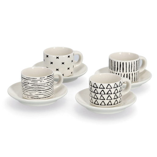 Espresso-Set 8-teilig - Keramik - Schwarz/Weiß - Tassen Ø6x4,8 cm, Teller Ø11 cm