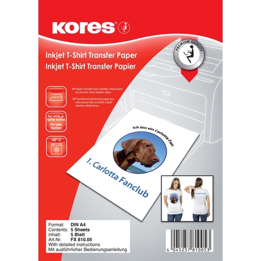 Kores InkJet T-Shirt Transferpapier zum Aufbügeln auf helle Baumwoll-Shirts | A5