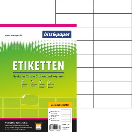 bits&paper Universal-Etiketten | 105 x 37 mm auf A4 | 100 Blatt = 1600 Etiketten | Größe identisch mit Avery Zweckform 3484 | Herma 4462