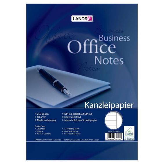 LANDRÉ Office A3/A4 Kanzleipapier | liniert mit weißem Rand rechts | 250 Bögen