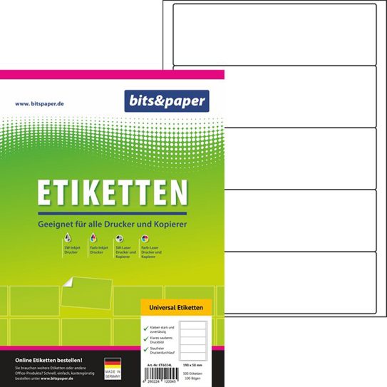 Ordner-Etiketten | 190 x 58 mm auf A4 | 100 Blatt = 500 Etiketten | Größe ähnlich Avery L6061