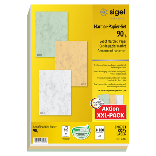 SIGEL Marmor-Papier-Set sandbraun | pastellgrün | grau | 90 g/m² | A4 | 300 Blatt