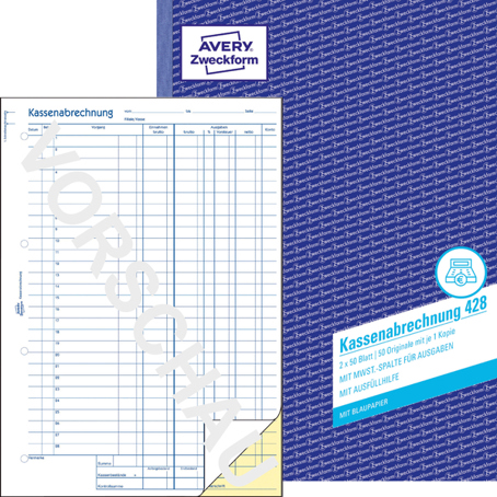 Kassenabrechnung | MwSt.-Spalte für Ausgaben | A4 | mit Blaupapier | 2x50 Blatt