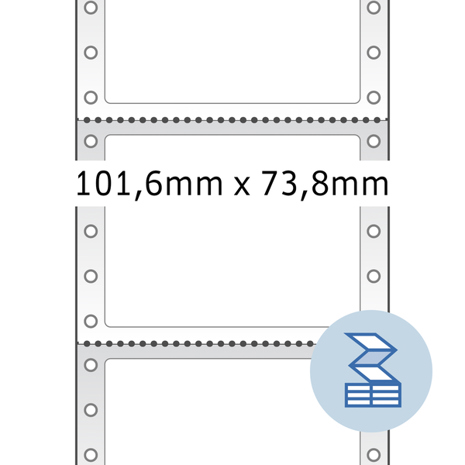 Endlose Computeretiketten - 101,6 x 73,8 mm | 1-Bahnung | Weiß | Perforiert | Permanent Haftend