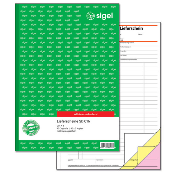 Lieferschein-Vordruck mit Empfangsschein – A4 – Selbstdurchschreibend – 3 x 40 Blatt – 1., 2. und 3. Blatt bedruckt