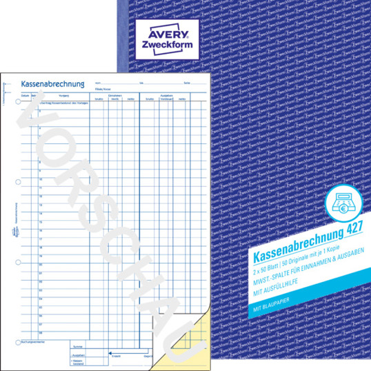 Kassenabrechnung | MwSt.-Spalte für Einnahmen und Ausgaben | A4 | mit Blaupapier | 2x50 Blatt