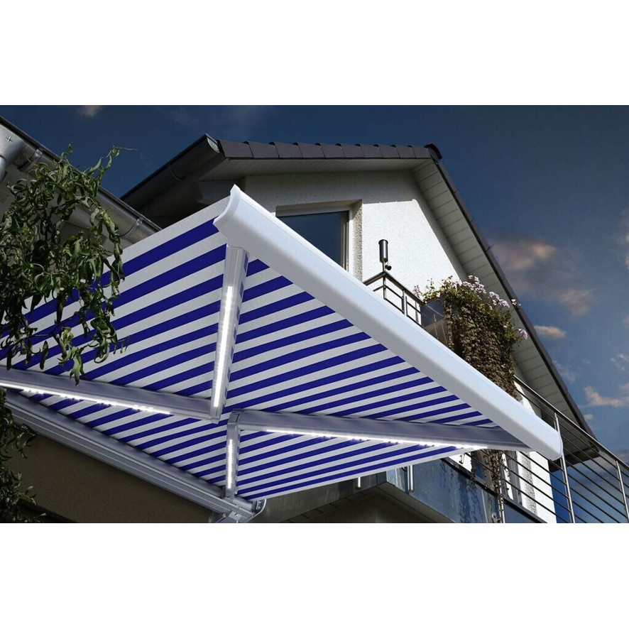 Home Deluxe LED-Vollkassettenmarkise Elos V2 mit Sensor - 395 x 300 cm - Marineblau/Weiß